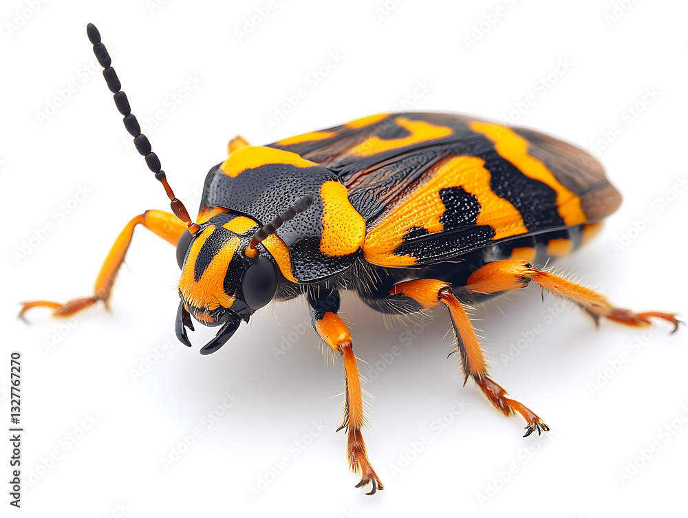 Close-up of a vibrant orange and black beetle with patterned elytra standing against a bright white background. Close-up of a vibrant orange and black beetle with patterned elytra standing against a bright white background.