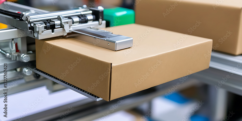 Fototapeta premium Automated packaging line with a cardboard box being processed by a robotic arm on a metallic conveyor system.