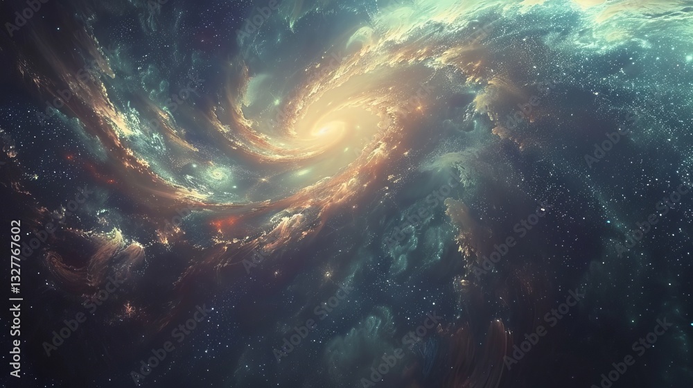 Fototapeta premium A stunning cosmic spiral galaxy filled with vibrant colors and swirling gases, creating a mesmerizing view of the universe.