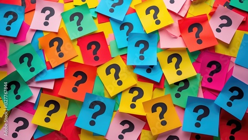 Too Many Questions. A stack of vibrant sticky notes featuring question marks. Closeup.