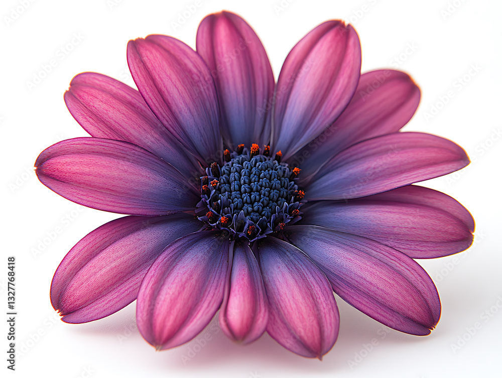 Obraz premium A vibrant flower with pink petals transitioning to a blue center adorned with delicate orange accents against a clean white backdrop.