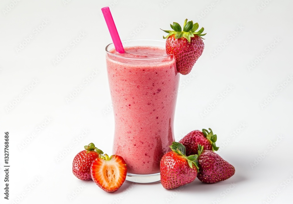 Strawberry Smoothie in Glass with Fresh Berries and Pink Straw Strawberry Smoothie in Glass with Fresh Berries and Pink Straw