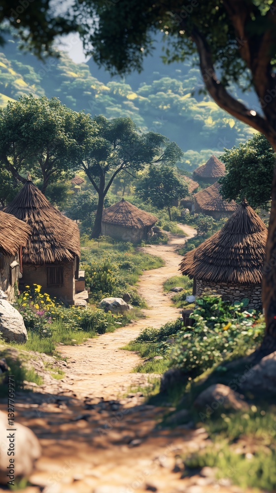Obraz premium A village in Africa with old small houses surrounded by nature. African village in style of simplicity and cultural connection.