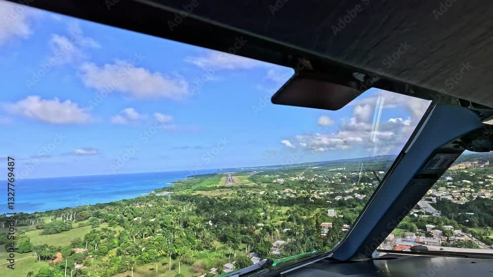 Approach and landing from Pilots point of view (POV) at Gregorio Luperón International Airport, Puerto Plata, Dominican Republic - Cockpit View scenic landscape before landing  - aerial video footage 