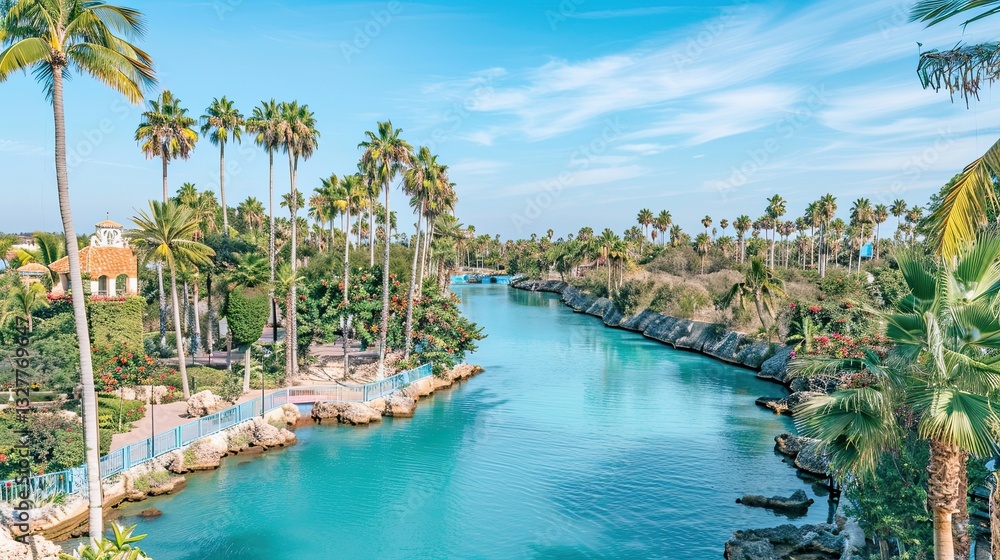 Fototapeta premium A winding river glides softly through a lively garden, filled with vibrant flowers, lush greenery, and a beautifully scenic environment