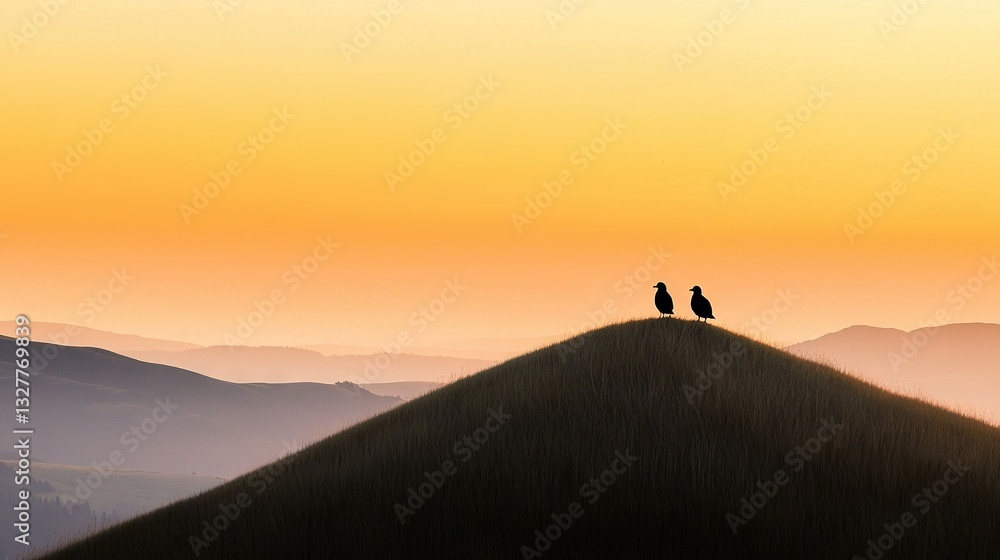 Two birds perched atop a hill during sunset, with a mountain range visible in the background Two birds perched atop a hill during sunset, with a mountain range visible in the background