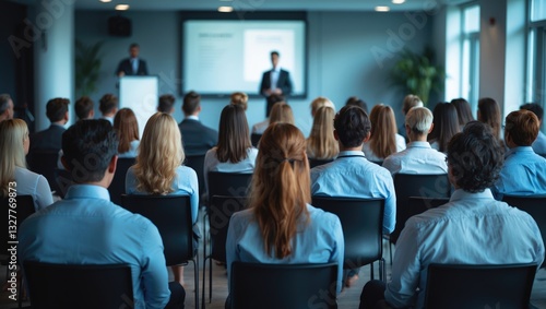 Wallpaper Mural Business and entrepreneurship conference. Presenter delivering a speech at gathering. Attendees in the auditorium. Back view of participant in the audience. Torontodigital.ca