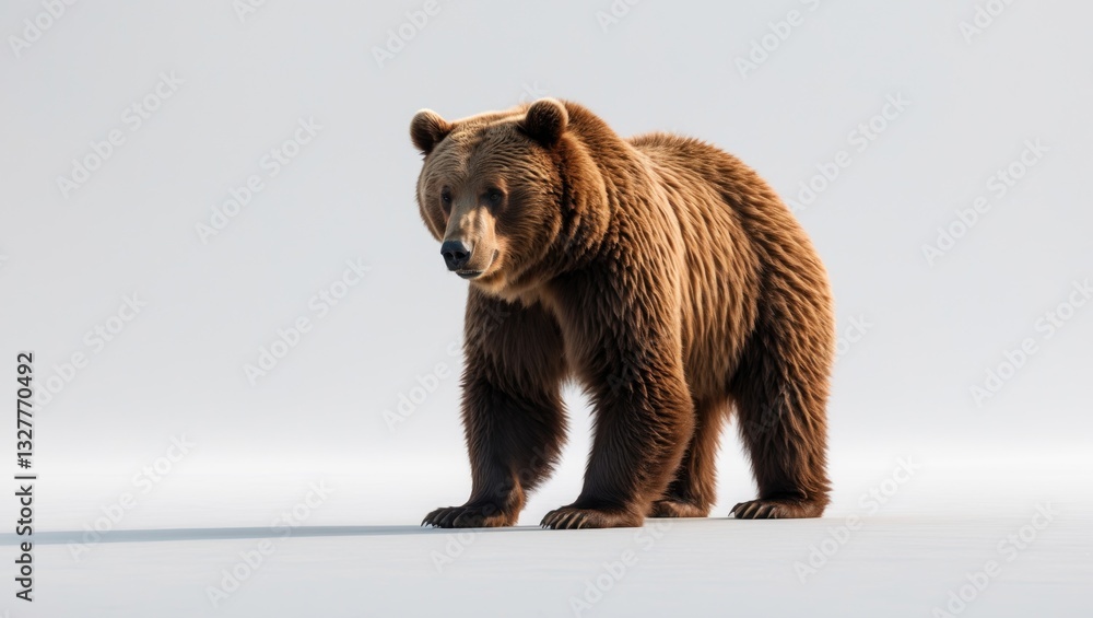 Fototapeta premium Brown Bear, walking against a white backdrop