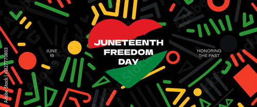 Juneteenth historical celebration banner with African American heritage. Cultural unity symbolic heart on vibrant pattern. Emancipation, equality and freedom in striking design. Holiday vector flyer