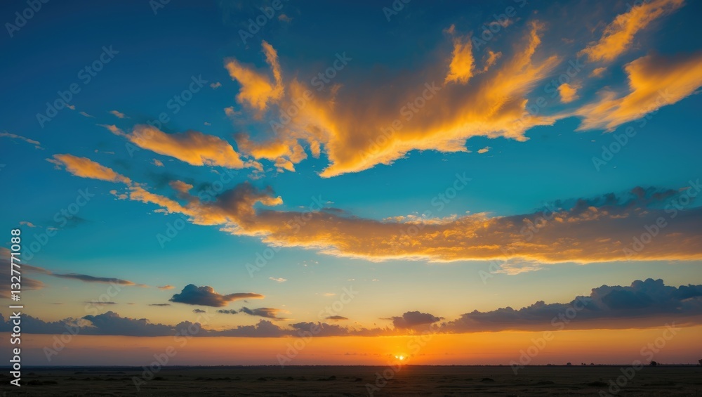 Obraz premium The morning sky appeared as a bright golden expanse. The sunrise is adorned with clouds of different shapes. It looks stunning.