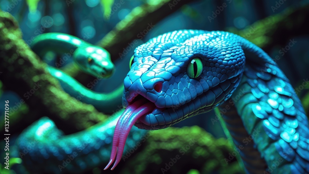 Fototapeta premium The close-up of the blue viper's face is poised to strike.