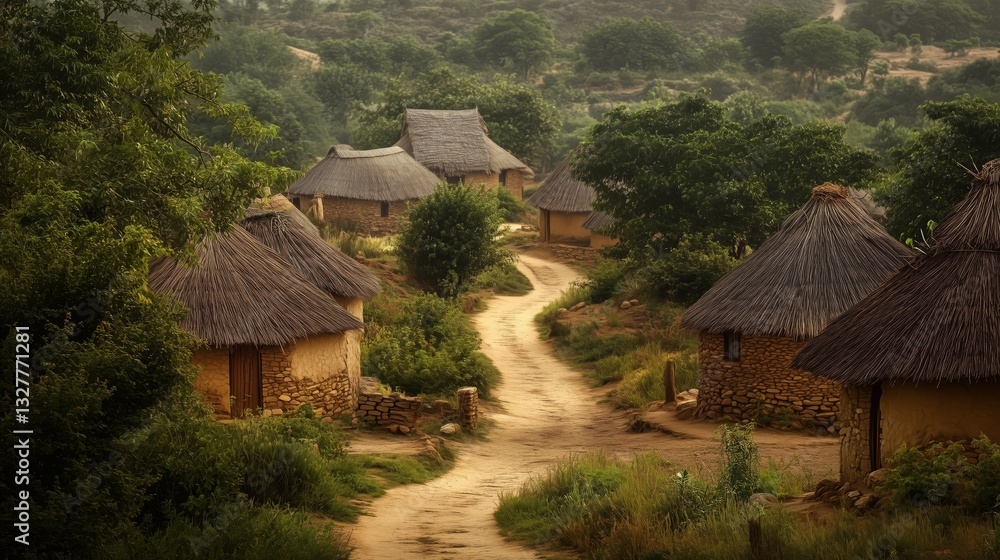 A village in Africa with old small houses surrounded by nature. African village in style of simplicity and cultural connection. A village in Africa with old small houses surrounded by nature. African village in style of simplicity and cultural connection.
