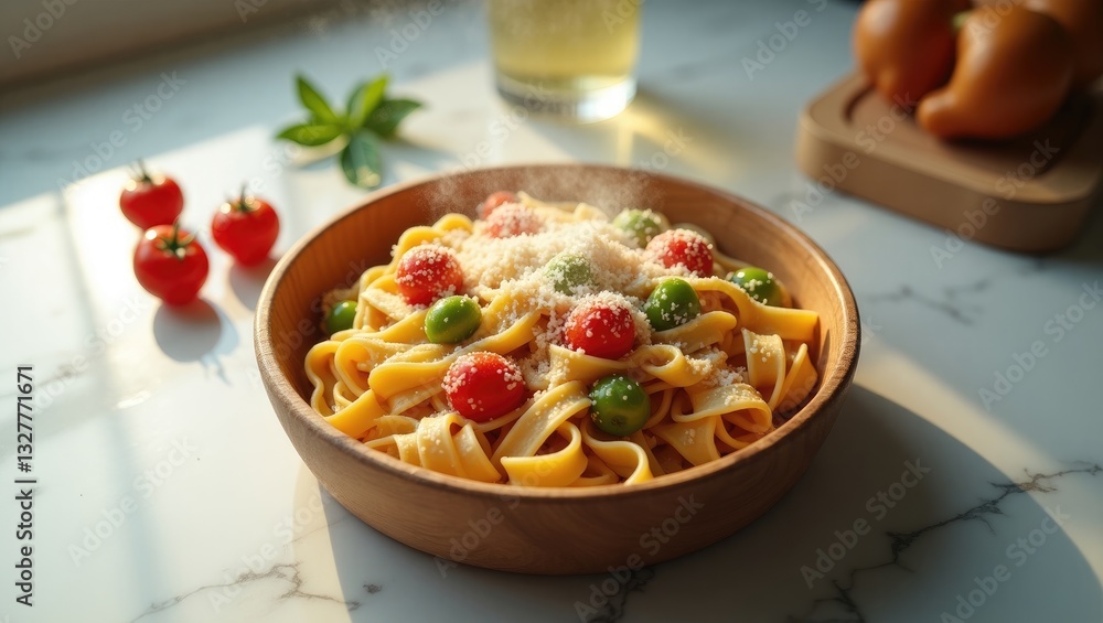 Top-down view of Chicken Tetrazzini pasta in a takeout box on a kitchen counter. Top-down view of Chicken Tetrazzini pasta in a takeout box on a kitchen counter.