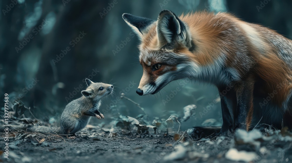 Fototapeta premium A large fox stares at a tiny mouse in a forest setting