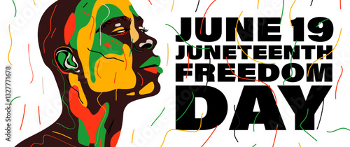 Juneteenth celebration banner with proud Black man and raised fist. Powerful flyer freedom symbol, unity and cultural identity. Historic tribute to emancipation, equality and African American heritage