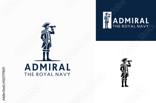 Silhouette of Classic Royal British Navy Captain Admiral Commodore with Monocular Telescope Spyglass logo design