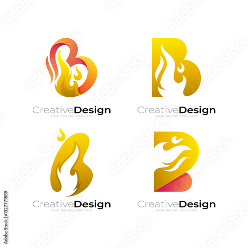 Abstract B logo and flame design combination, gold color