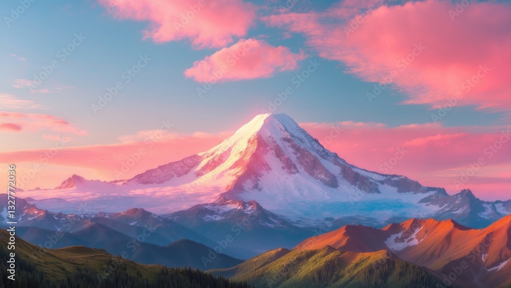 Pink sunset glow on Mount Rainier located in the Cascade Range Pink sunset glow on Mount Rainier located in the Cascade Range