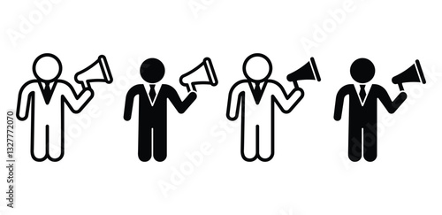 Announcer Male Figures Holding Megaphones Icons Simple Black and White Color Vector Design Illustration Sets