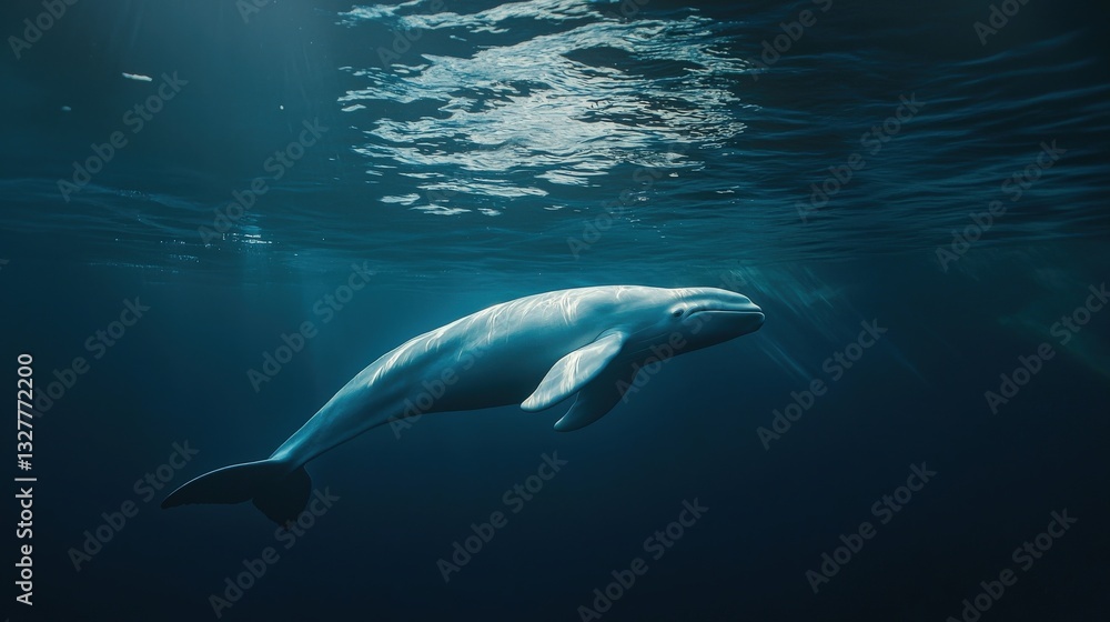 Naklejka premium Peaceful Beluga Whale Swimming in Arctic Waters Under Soft Light