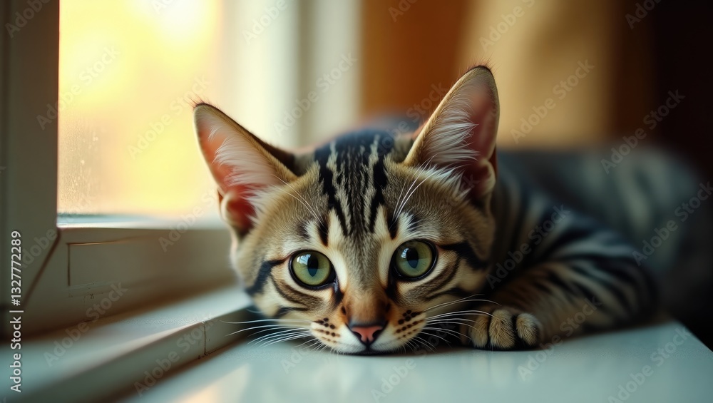 The scared tabby cat cowered at the window. Her eyes became larger and darker with fear. The scared tabby cat cowered at the window. Her eyes became larger and darker with fear.
