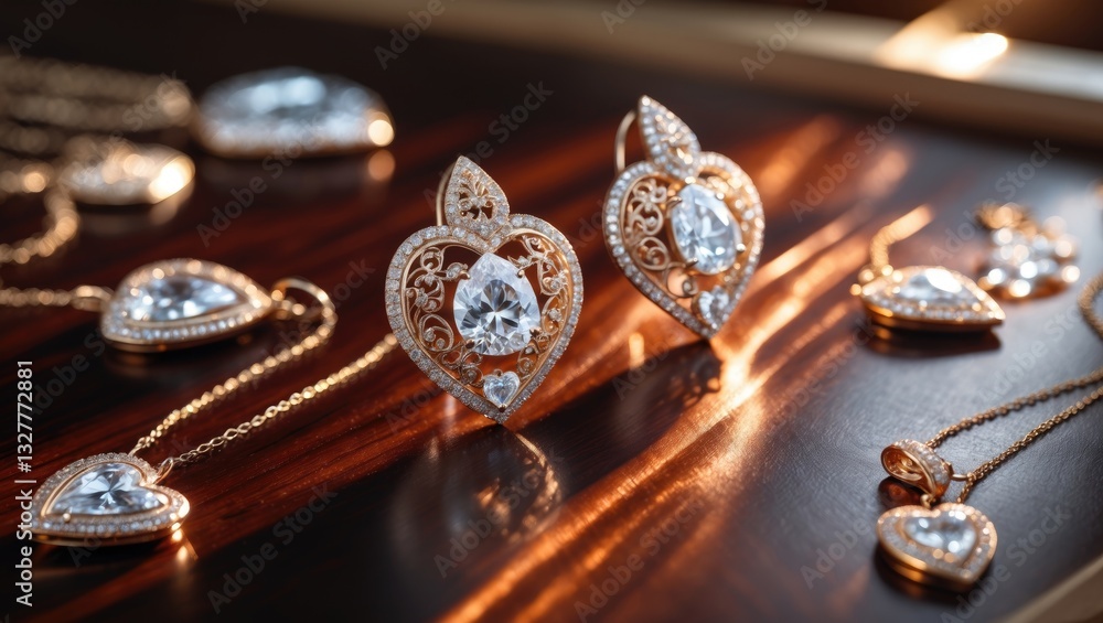 A set of earrings featuring a diamond design lies on a table. The earrings are sizable and sparkling, presenting themselves as a statement piece. The table offers a warm ambiance. A set of earrings featuring a diamond design lies on a table. The earrings are sizable and sparkling, presenting themselves as a statement piece. The table offers a warm ambiance.