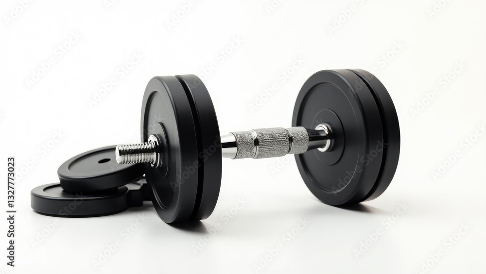 The metal dumbbell and weights set against a white background. The metal dumbbell and weights set against a white background.