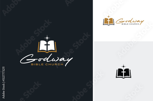 Crucifix Cross with Open Book Bible and Star for Christian God Way Church logo design