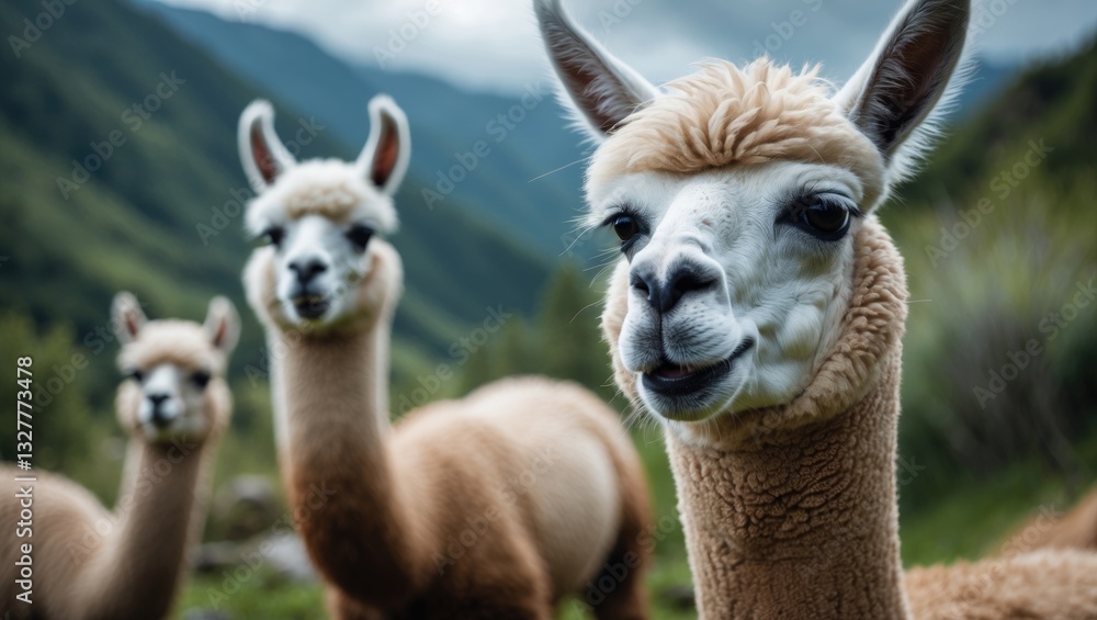 Fototapeta premium Portrait of a cheerful alpaca, close-up of a sheared llama head.
