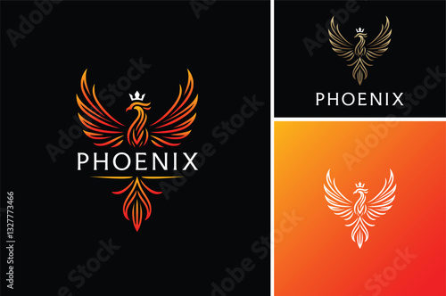 Elegant Flame Burn Fire Bird Gold Wingspan with Crown. Golden Luxury Rising Royal King Eagle Phoenix Fenix Hawk Dove Pigeon Wings Logo Design