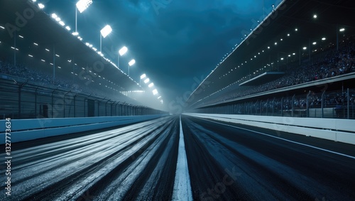 Empty racing track and floodlights brightening sport stadium at night. Professional digital 3D rendering of racing sports.