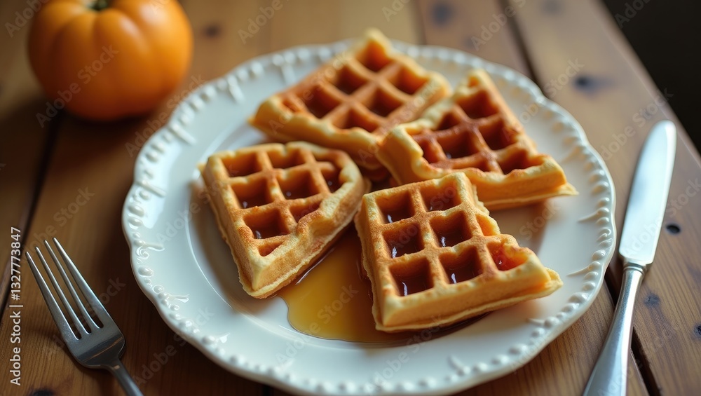 Plain waffles presented on a plate for breakfast, close-up top view on a wooden table. Plain waffles presented on a plate for breakfast, close-up top view on a wooden table.