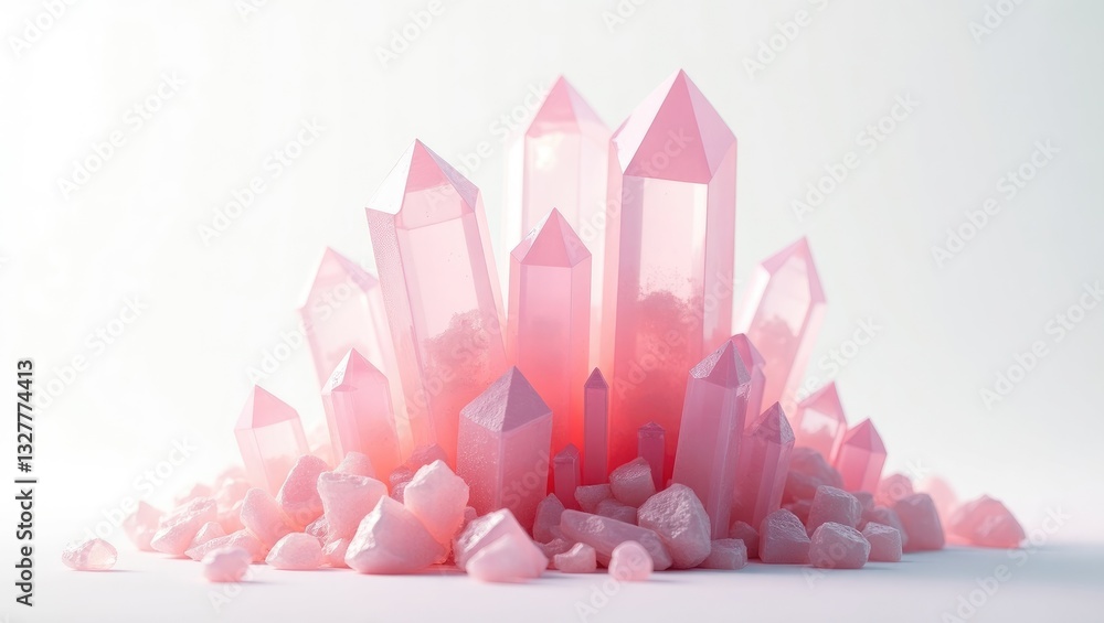 Pink quartz crystal cluster on a white backdrop. Pink quartz crystal cluster on a white backdrop.