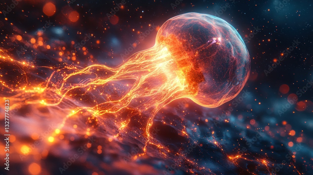 Fiery jellyfish in space nebula, glowing particles Fiery jellyfish in space nebula, glowing particles