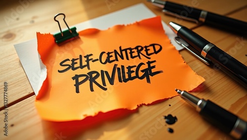 The words self-centered privilege displayed on a table background.