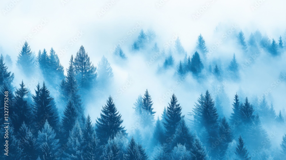 Fototapeta premium Tranquil Misty Forest Landscape with Pine Trees and Fog