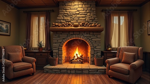 Rustic Stone Fireplace with a Cozy Crackling Fire in a Wooden Cabin photo