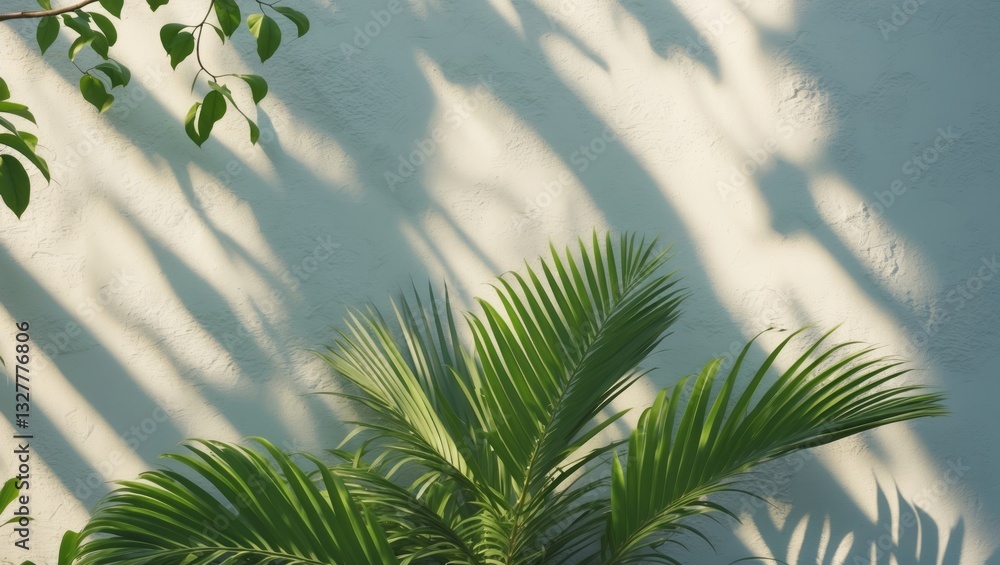 Obraz premium Plant positioned against a white wall texture background illuminated by sunlight, Abstract natural tree leaves shadow mockup.
