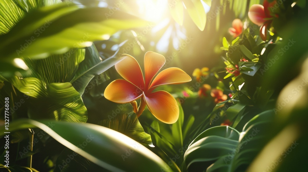 Obraz premium Vibrant Flower in Tropical Jungle Under Soft Sunlight Rays