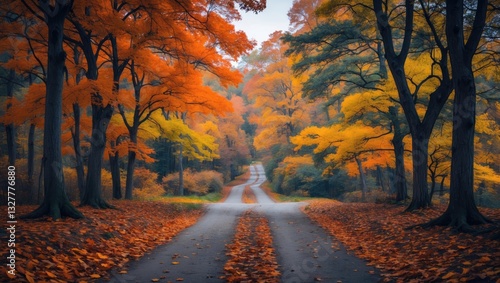 The path in the autumn park splits into two hiking trails heading in different directions.
