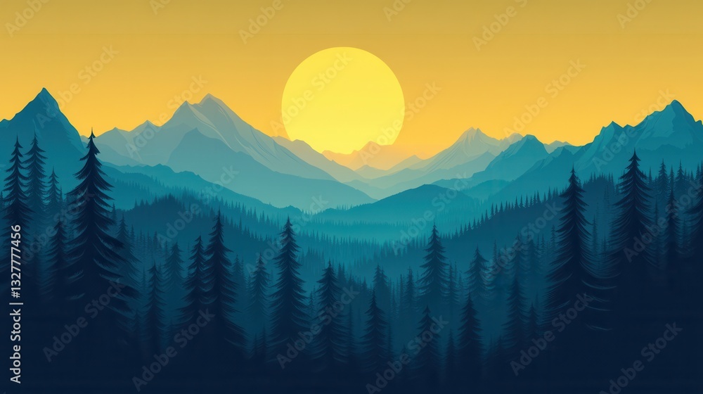 Obraz premium Vibrant Sunset Over Mountain Range with Silhouetted Forests