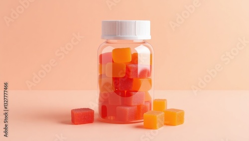 Transparent glass container filled with orange vitamin fiber gummies, healthy vitamin bottle lacking a label.