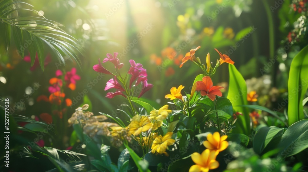 Fototapeta premium Vibrant Tropical Flowers in Lush Green Garden with Sunlight