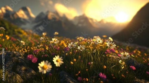 Vibrant Wildflower Meadow Under Majestic Mountain Sunset Glow