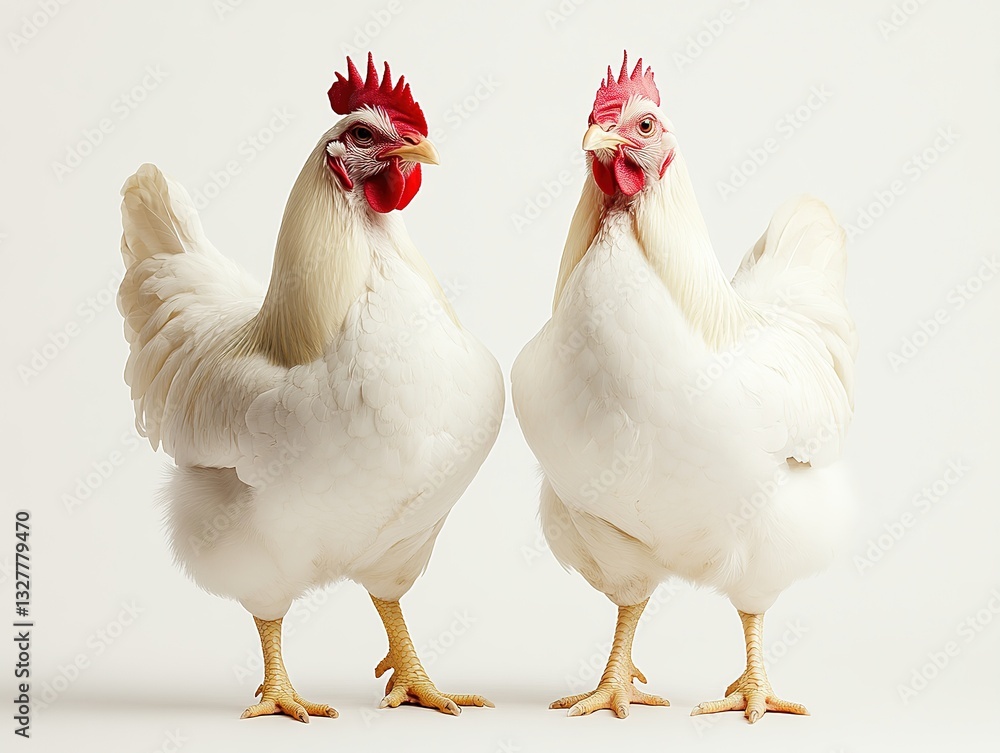 Fototapeta premium Two white chickens isolated on white. Pair of poultry birds standing together. White farm chickens on plain background