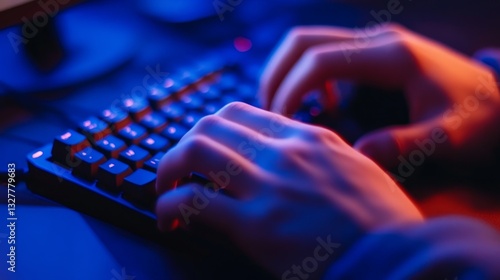 Close-up of hands typing on a mechanical keyboard in a dimly lit room with colorful lighting