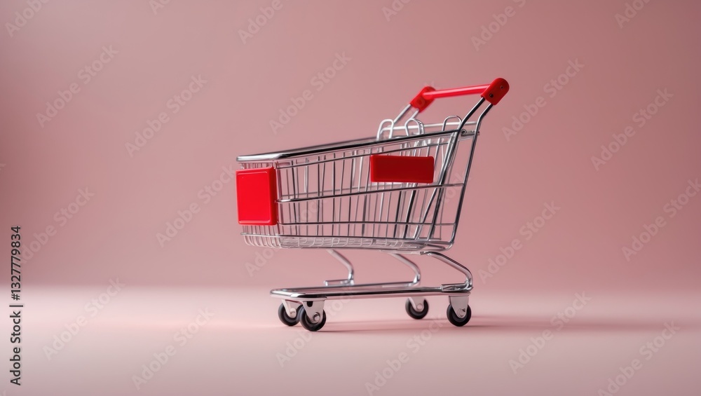 Shopping concept - Vacant red shopping cart on a backdrop. Online shoppers can purchase from home with delivery service available, featuring copy space. Shopping concept - Vacant red shopping cart on a backdrop. Online shoppers can purchase from home with delivery service available, featuring copy space.