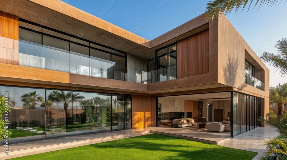 A sleek, modern Dubai villa with brown-toned concrete facades and wooden accents A sleek, modern Dubai villa with brown-toned concrete facades and wooden accents