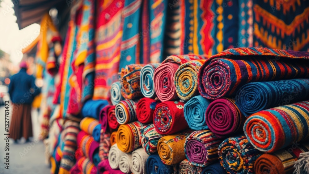 Fototapeta premium Colorful handicraft wool textiles arranged in a pile, resembling cloths and carpets featuring native art, traditional tourist souvenirs available at a local street market.