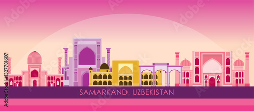 Sunset Skyline panorama of city of Samarkand, Uzbekistan - vector illustration